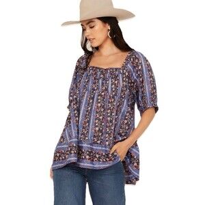 Free People Vintage Lover Boho Floral Peasant Top S Puff Sleeve Blue